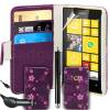 Nokia Lumia 520/525 Leather Flip Wallet Case Purple With Pink Flowers (OEM)