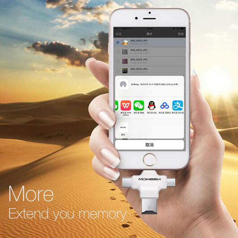 Moweek 4 in 1 Card Reader Type-c/Lightning/Micro USB/USB 2 Multi-Function All in 1 Micro SD for ιPhone, Android, Tablet