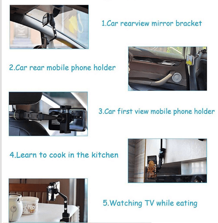 A106 New Multi-function Adjustable 360° Universal Rearview Mirror Phone Holder black