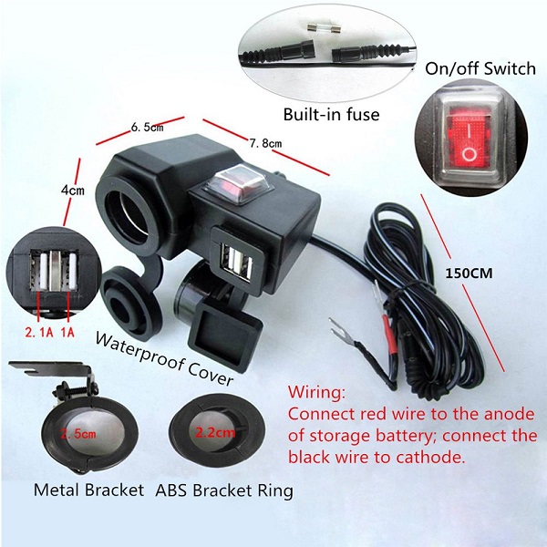 Waterproof Dual-Port USB Charger Socket with Handlebar Mount, 5V/4.2A Power Adapter & Cigarette Lighter Socket (Voltmeter Included) for Smartphones