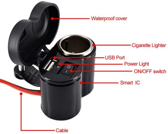 Waterproof USB Charger Socket , Motorcycle Handlebar Mount Power Adapter 5V/2A with Switch, Cigarette Lighter Socket for Mobiles Phones