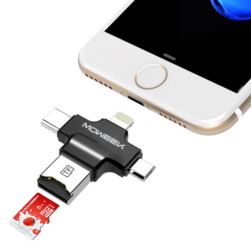 Συσκευή Ανάγνωσης Καρτών Moweek 4 in 1 Type-c/Lightning/Micro USB/USB 2  Multi-Function All in 1  Micro SD για ιPhone, Android, Tablet