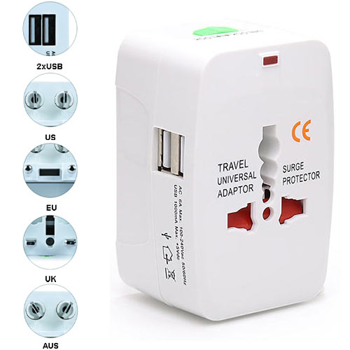 Lamtech Travel Adapter with 2 USB Ports & 4 Plug Types