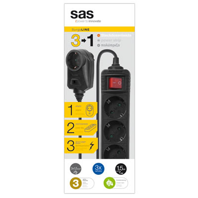 SAS Surge 3 Schuko Posts with Lightning Protection 1.5m Black SAS 100-11-031