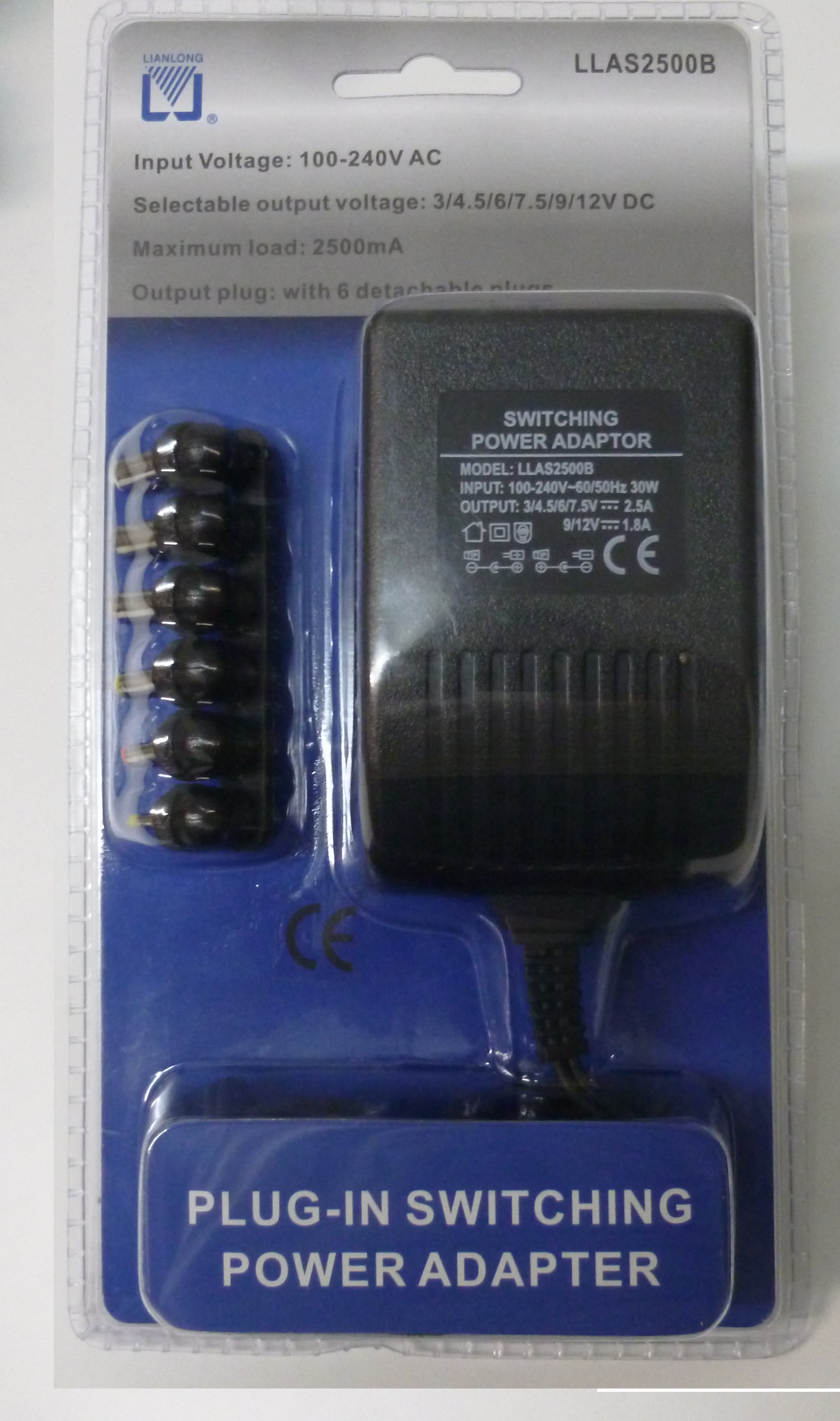 Universal Switching Power Adapter with 6 Detachable Plugs 3/4.5/6/7.5V 2500mA 9/12V 1800mA LLAS2500B (OEM)