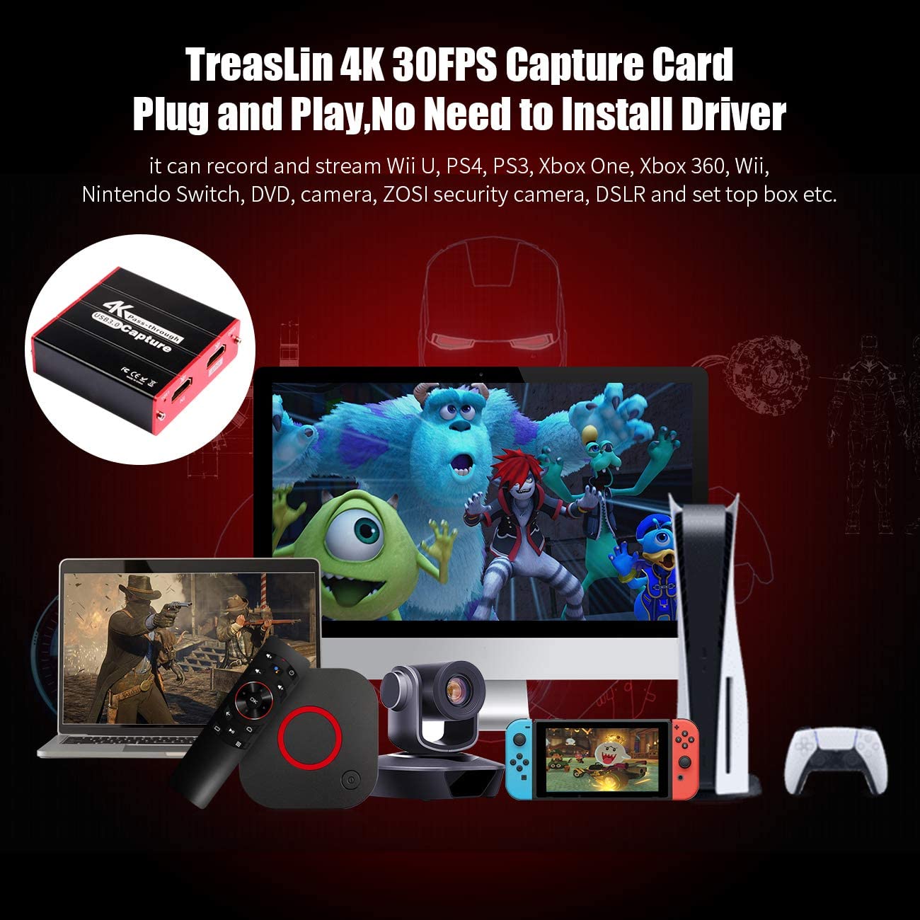 Aode TreasLin 4K Game USB3 Capture Card, Συσκευή λήψης παιχνιδιών HD / Συσκευή λήψης βίντεο HD, Μετατροπέας / Εγγραφέας βίντεο HDMI για PS5, PS4, Xbox ONE / Xbox 360, SWITCH LiveTV, PVR DVR