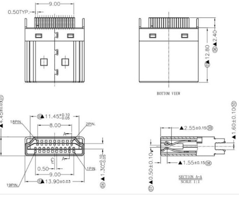 HDMI Connector αρσενικό - 19PIN 1,6mm 180 βαθμών επιχρυσωμένο