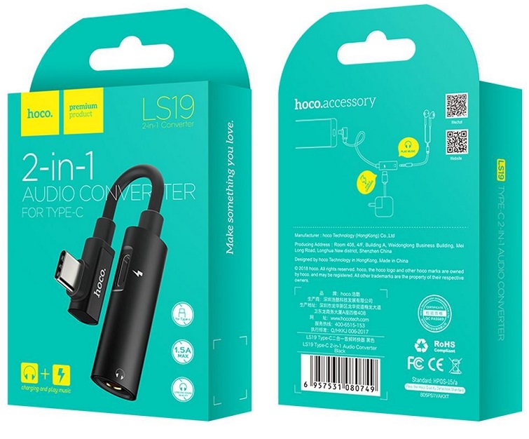 Hoco LS19 2 in 1 USB Type-C USB Type-C Female and 3.5mm Female Black