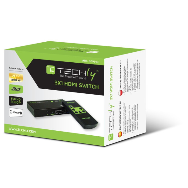 Techly HDMI-4K31 Switch HDMI 3 IN 1 OUT with Remote Control, 4Kx2K, 3D