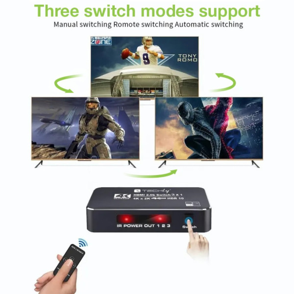 TECHLY IDATA HDMI2-4K3160B HDMI 2.0b Διακόπτης 3 in 1out 4K HDR HDCP2.2 με τηλεχειριστήριο