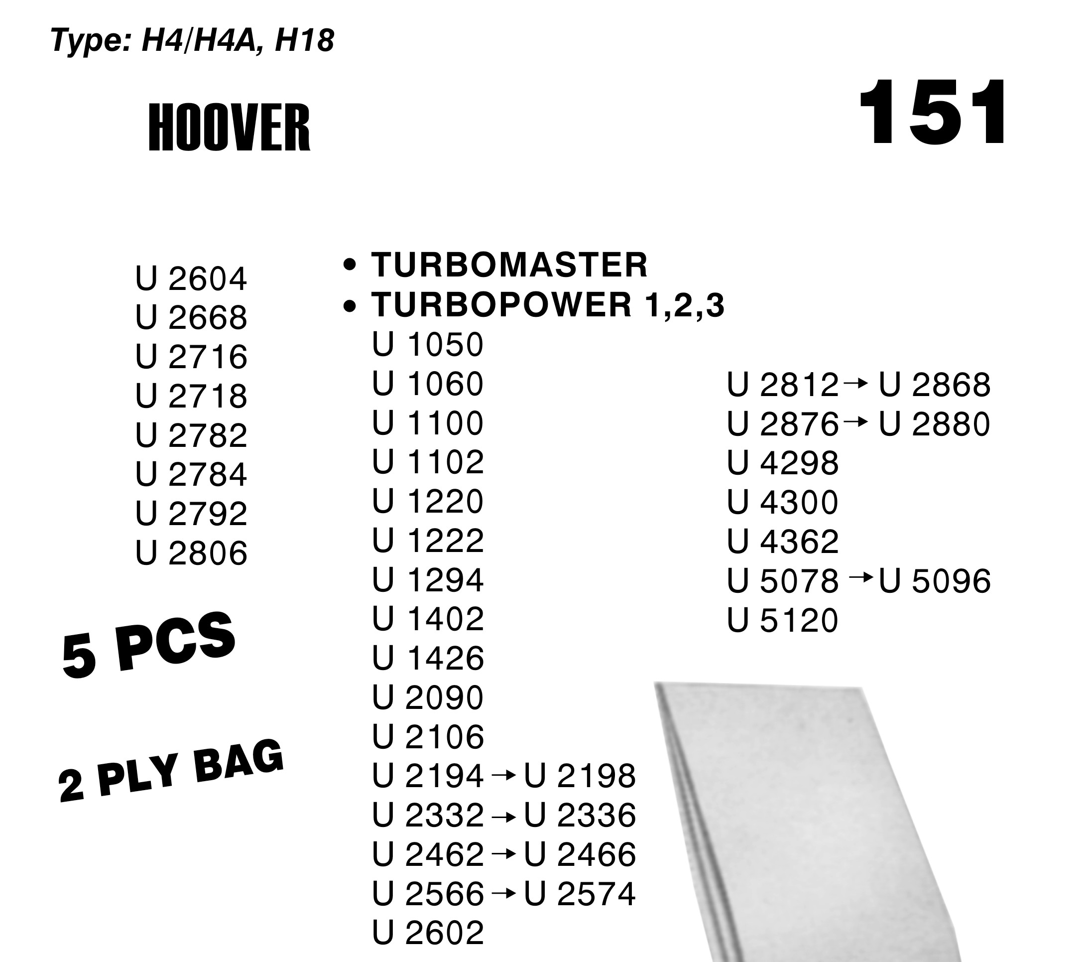 Σακούλες για σκούπα με φίλτρο 151-HOOVER U1100/1220/5078 x5 τεμάχια (OEM)
