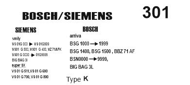 Σακούλες για σκούπα με φίλτρο 301-BOSCH SMILY VS 01 G 400 x6 τεμάχια (OEM)