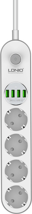 Ldnio 4 Position Safety Power Strip with Switch, 4 USB and 2m Cable White