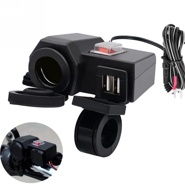 Waterproof USB Charger Socket Dual Port, Motorcycle Handlebar Mount