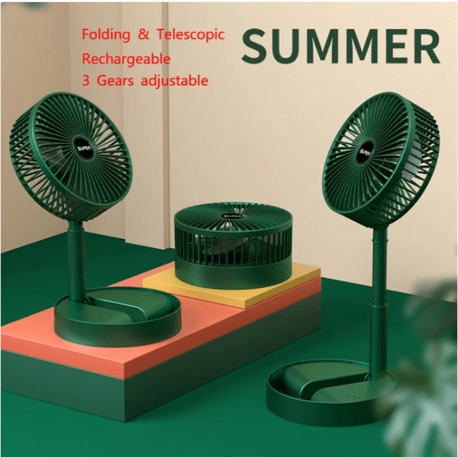 Portable Folding Fan Retractable Floor Standing Fan,Style: Rechargeable (Green)