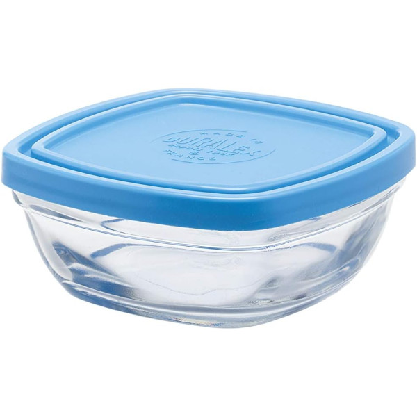 DURALEX Freshbox Carré 9020AM12A1111 Food storage container with lid, 11 x 11 cm, 300 ml, glass, blue, pack of 1