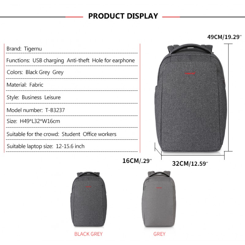Tigernu Σακίδιο πλάτης Laptop 15,6'' με θύρα USB Σκούρο Γκρι T-B3237USB-DG