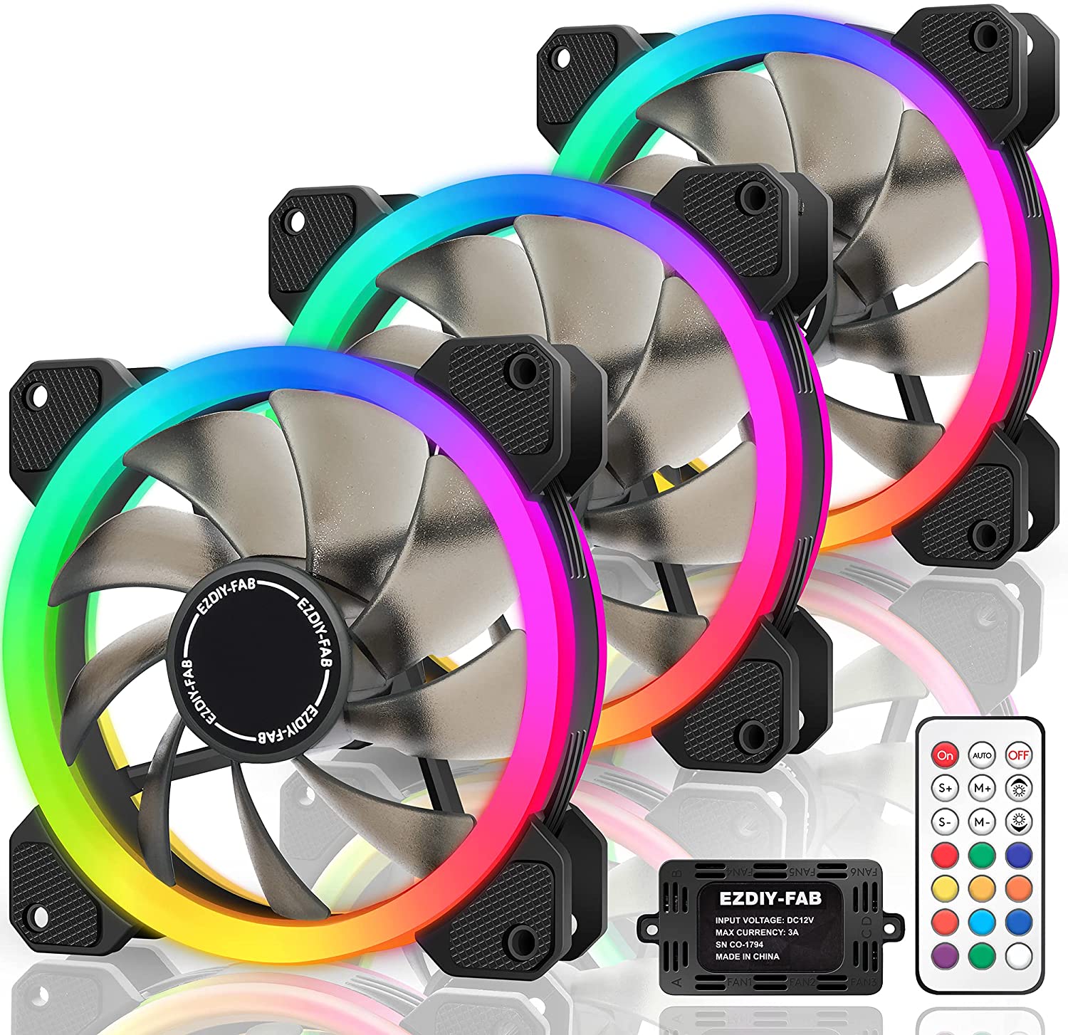 EZDIY-FAB 3-Pack Dual-Ring RGB 120mm Case Fans with RGB LED Sync, Hub 10 & Remote Control
