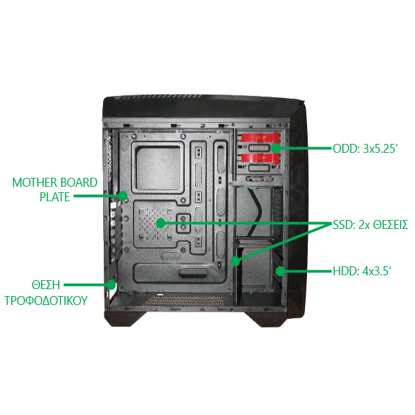 Gaming Full Tower Case without PSU and with Green LED Fan 120mm Black/Green Gamer U1 GREEN (OEM)