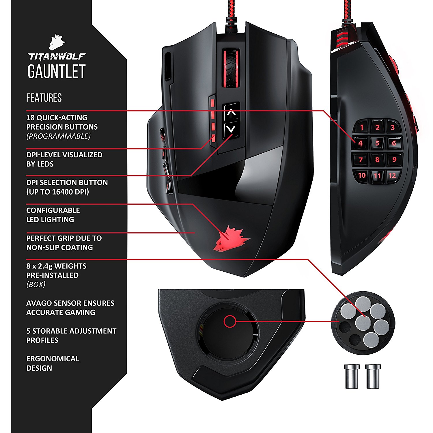 Titanwolf Gauntlet - 16000 dpi USB MMO gaming laser mouse - 18 buttons - high precision