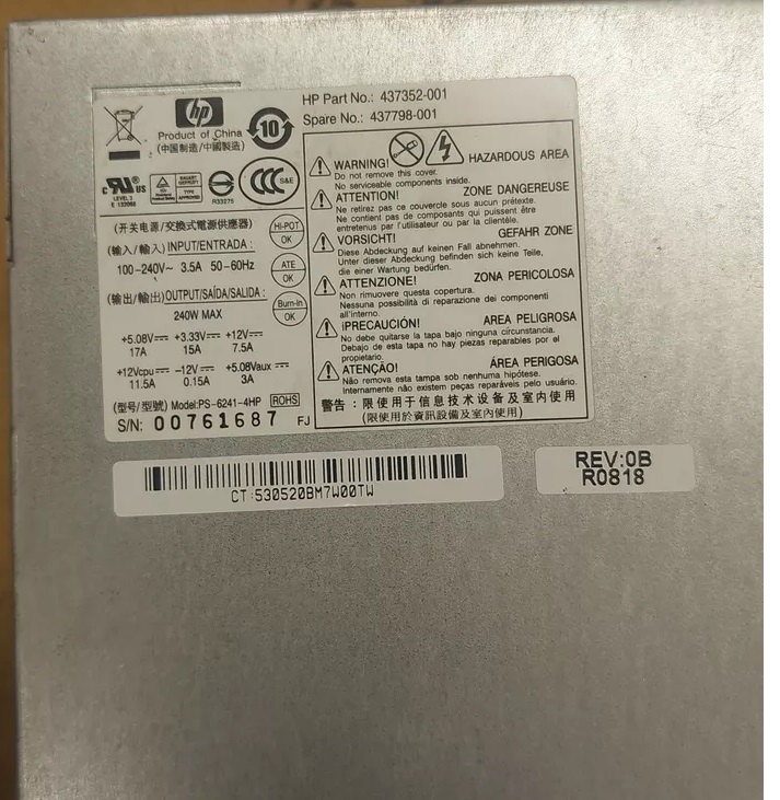 HP 437352-001 DPS-240MB-1 A DC7800 SFF 240W PSU Power Supply