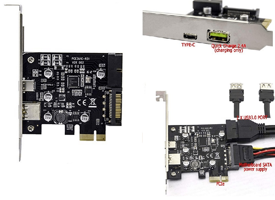 XinYS PCIe Card to USB-C with USB 3.1 & Quick Charging, Dual Port (19-Pin) + SATA Power (15-Pin) for Desktop PC (Black)