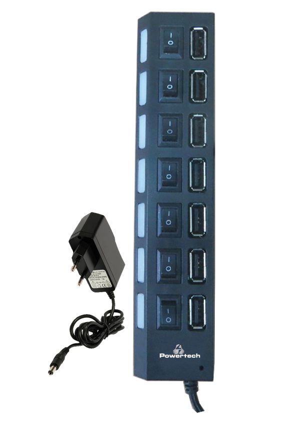 PowerTech USB 2 Hub 7 Θυρών με Διακόπτες On/Off και Φορτιστή PT-111