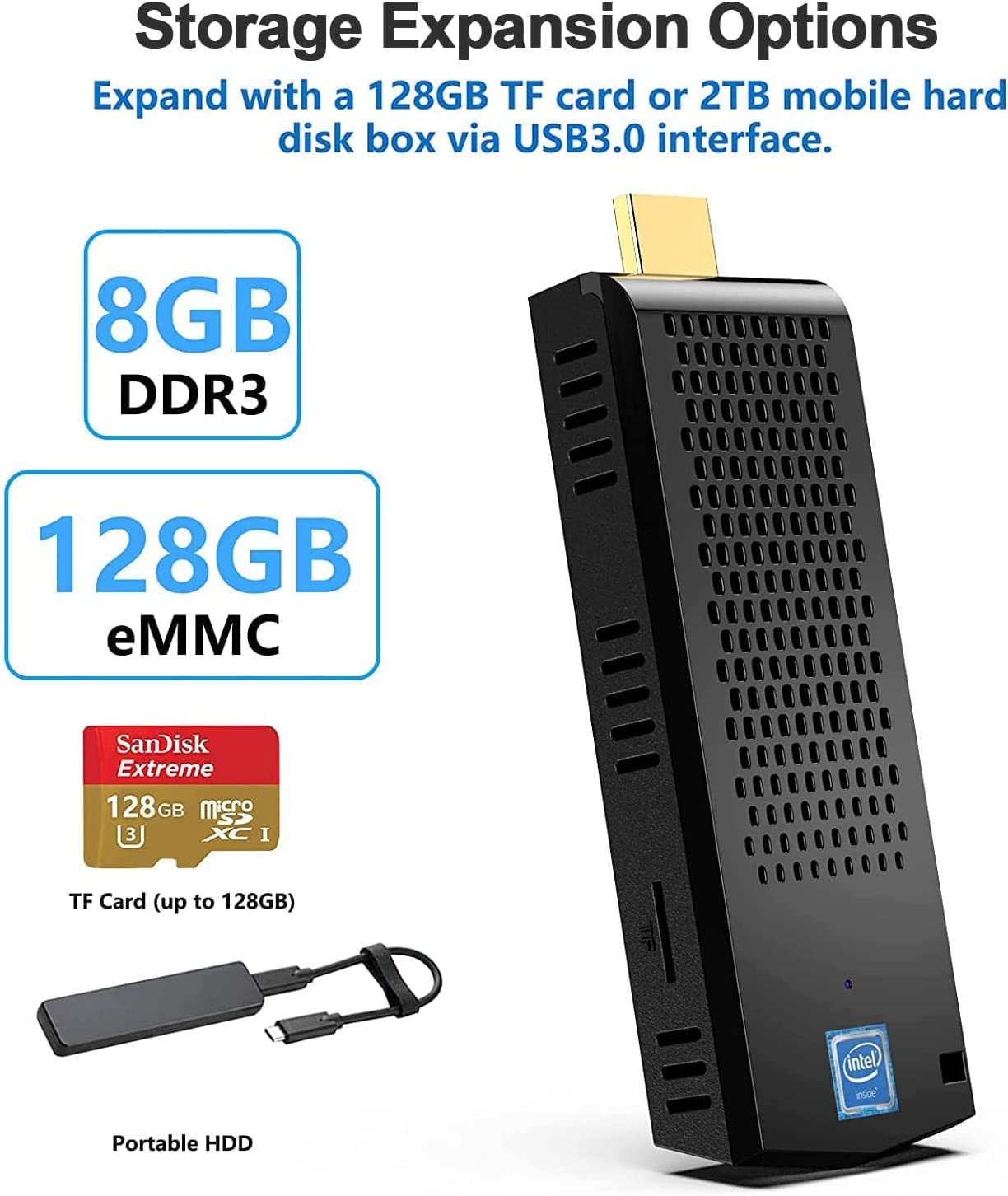 SNUNMU Mini PC Stick (8GB RAM + 128GB ROM, Windows 10 Pro, Intel Atom ) (4K HD, Bluetooth 4.2, Dual-Band WiFi 2.4G/5G) (x5-Z8350)