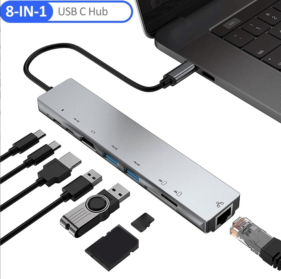 8IN1 USB C Hub TypeC Docking Station Multi Port Adapter with 4K HD RJ45 Ethernet USB 3.0 PD