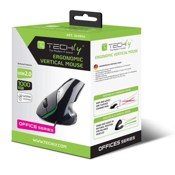 Ergonomic vertical mouse Black USB Techly IM 1000-VM