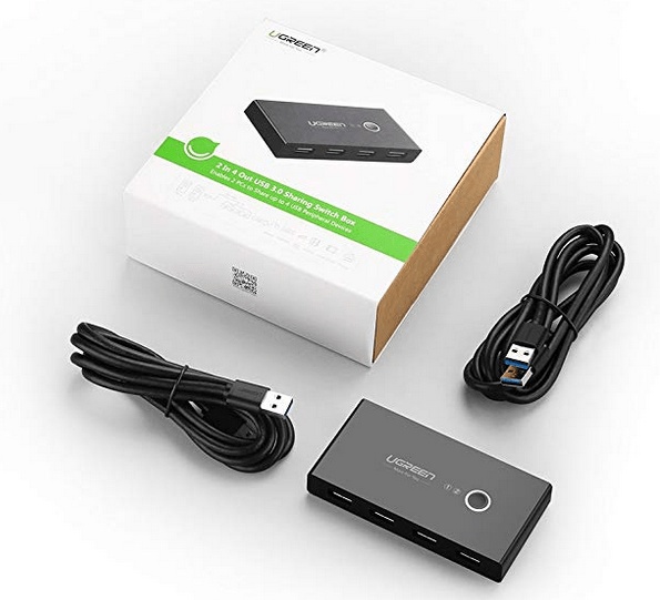 UGREEN USB 3 Switch, 2 in 4 Out Put USB 3 Sharing Switch Box for Mouse,Keyboard,Scanner, Printer with 2 pcs of 1.5m USB 3 A to A Cable