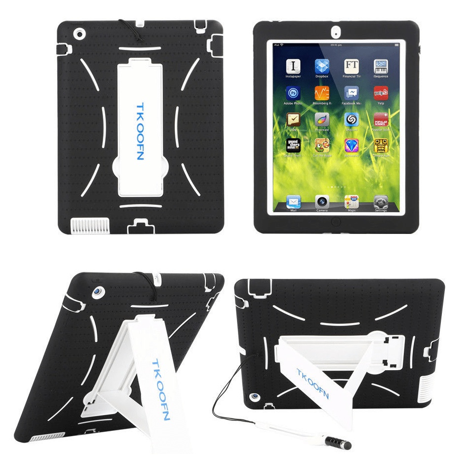 iPad 2/3/4 Silicone TPU Rubber-Lined Stand Case (White & Black) (TKFOON)