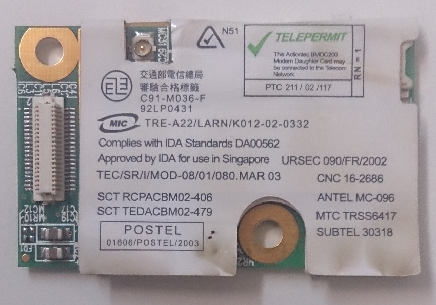 IBM lenovo Thinkpad T41P T42 R50 Series Bluetooth 56K FM Card (USED)