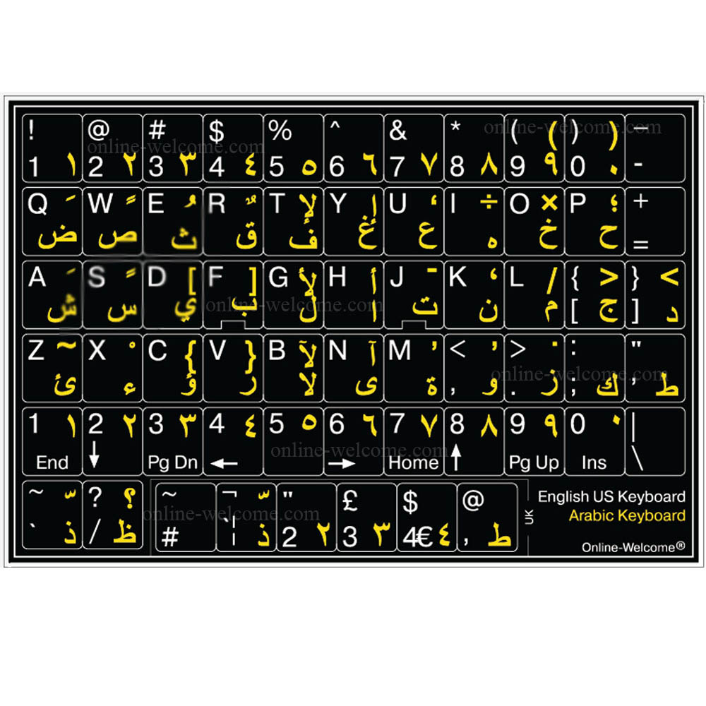 BLACK ENGLISH ARABIC KEYBOARD STICKERS WHITE/YELLOW (OEM)