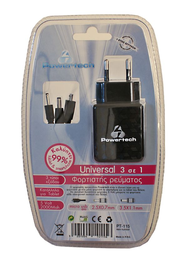 PowerTech Φορτιστής για Tablets και Smartphones με Βύσμα Micro Usb, Βύσμα 3.5mm και Βύσμα 2.5mm 5V 2A PT-115