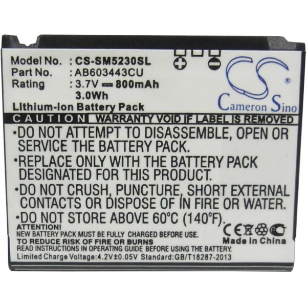 800mah Battery for Samsung Ab603443cc; Gt-s5230c, Sgh-s5230 Tocco Lite Star