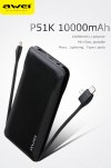 Awei P51K 10000aMH Power Bank with cables micro, type c, lightning – Black Awei P51K 10000aMH Power Bank with cables micro, type c, lightning – Black