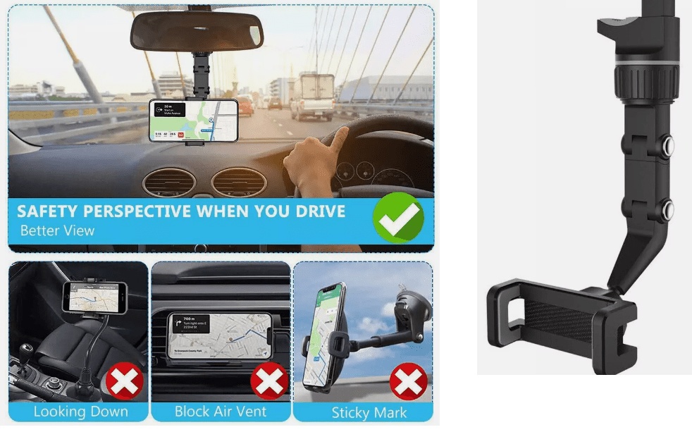 A106 New Multi-function Adjustable 360° Universal Rearview Mirror Phone Holder black