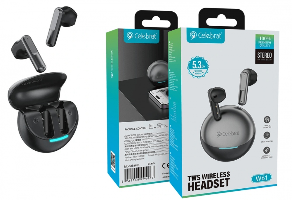 CELEBRAT earphones with charging case W61, True Wireless, 13mm, 25/200mAh, black