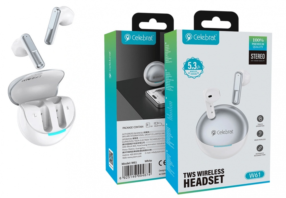 CELEBRAT earphones με θήκη φόρτισης W61, True Wireless, 13mm, 25/200mAh, λευκά