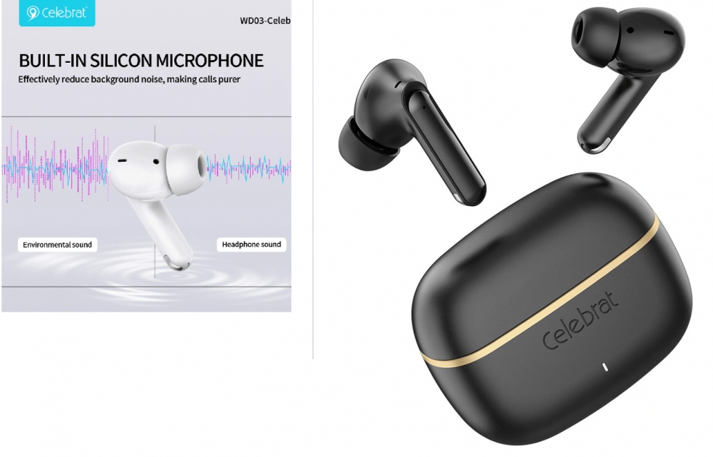 CELEBRAT earphones with charging case WD03, True Wireless, 13mm, 30/300mAh, black