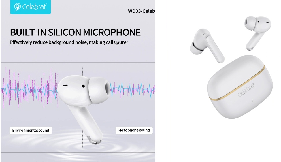 CELEBRAT earphones με θήκη φόρτισης WD03, True Wireless, 13mm, 30/300mAh, ΑΣΠΡΑ