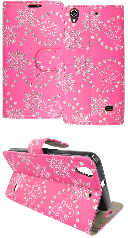 Huawei Ascend G620s Leather Stand/Case with Diamonds & Back Plastic Cover (Pink) (OEM)
