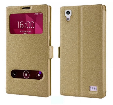Huawei Ascend G620s Leather Case with View Window & Plastic Back Cover (Gold) (OEM)