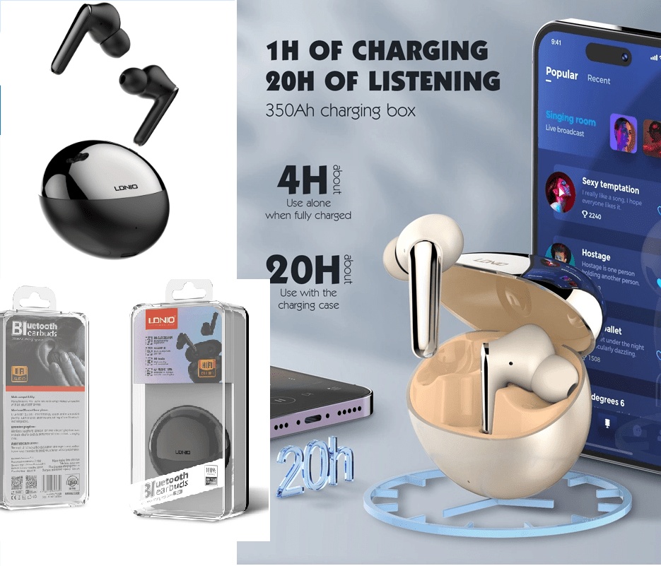 LDNIO T01 True Wireless HiFi Earphones with Charging Case, 10mm (Black)