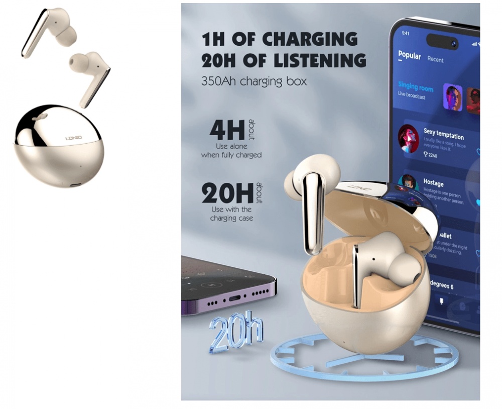 LDNIO earphones με θήκη φόρτισης T01, True Wireless, HiFi, Φ10mm, χρυσά