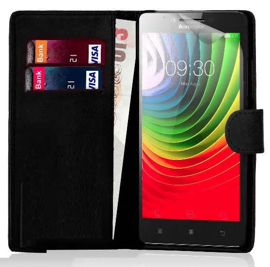 Lenovo P70 Leather Wallet Case with Plastic Back Cover - Black (OEM)