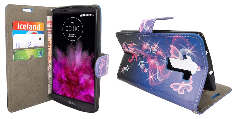 LG G Flex 2 H955 - Δερμάτινη Θήκη Stand Πορτοφόλι Μπλε Με Πεταλούδες (ΟΕΜ)