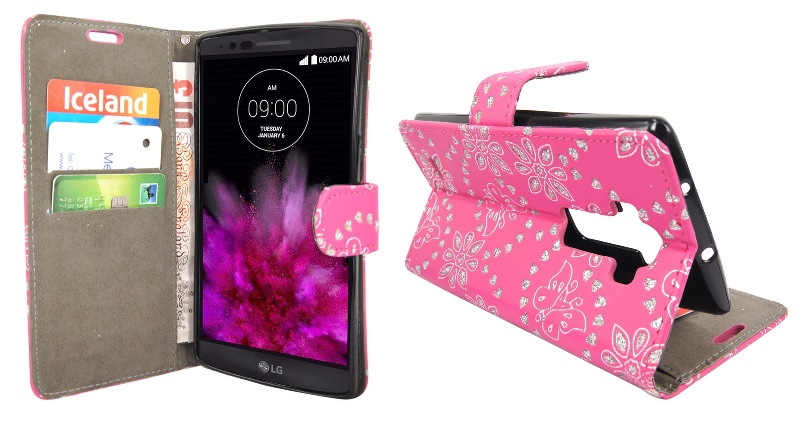 LG G Flex 2 H955 - Leather Wallet Stand Case Pink With Diamonds And Butterflies (OEM)