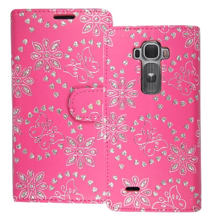 LG G Flex 2 H955 - Leather Wallet Stand Case Pink With Diamonds And Butterflies (OEM)